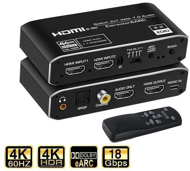 Main image of HDMI Splitter Audio Extractor with Remote Control , 4k@60Hz 2 in 1 out with Optical Toslink SPDIF + Coaxial + 3.5mm Audio Out Supports Auto Scaling, HDCP2.3, HDMI2.0b eokCXOY