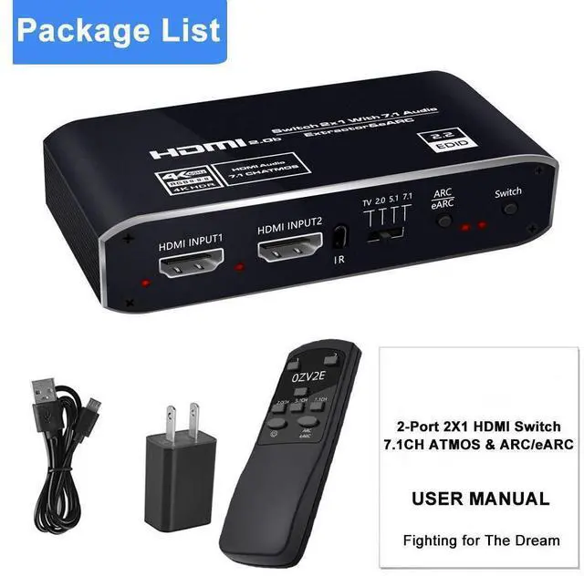 Alt view image 7 of 7 - HDMI Splitter Audio Extractor with Remote Control , 4k@60Hz 2 in 1 out with Optical Toslink SPDIF + Coaxial + 3.5mm Audio Out Supports Auto Scaling, HDCP2.3, HDMI2.0b eokCXOY