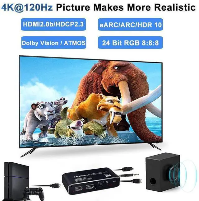 Alt view image 3 of 7 - HDMI Splitter Audio Extractor with Remote Control , 4k@60Hz 2 in 1 out with Optical Toslink SPDIF + Coaxial + 3.5mm Audio Out Supports Auto Scaling, HDCP2.3, HDMI2.0b eokCXOY