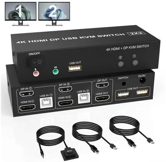 Main image of Dual Monitor HDMI + DP KVM Switch 2x2, DisplayPort and HDMI 4K@60Hz Extended Display KVM Switch 2 Monitors 2 Computers with Audio Microphone Output and 3 USB Ports, PC Monitor Keyboard Mouse Switcher