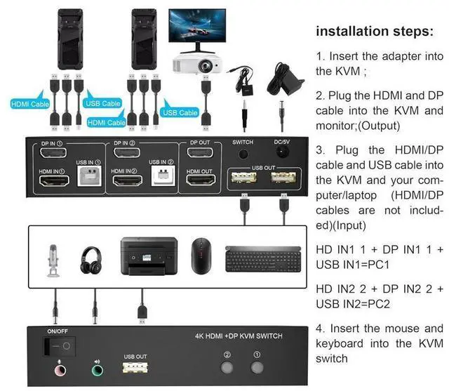Alt view image 2 of 7 - Dual Monitor HDMI + DP KVM Switch 2x2, DisplayPort and HDMI 4K@60Hz Extended Display KVM Switch 2 Monitors 2 Computers with Audio Microphone Output and 3 USB Ports, PC Monitor Keyboard Mouse Switcher