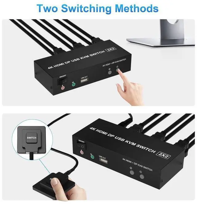 Alt view image 6 of 7 - Dual Monitor HDMI + DP KVM Switch 2x2, DisplayPort and HDMI 4K@60Hz Extended Display KVM Switch 2 Monitors 2 Computers with Audio Microphone Output and 3 USB Ports, PC Monitor Keyboard Mouse Switcher