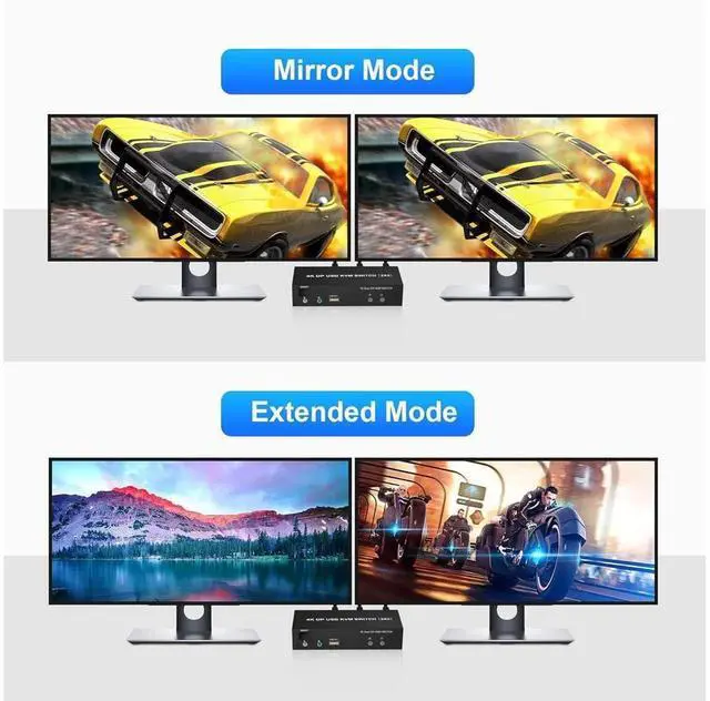 Alt view image 4 of 7 - Dual Monitor HDMI + DP KVM Switch 2x2, DisplayPort and HDMI 4K@60Hz Extended Display KVM Switch 2 Monitors 2 Computers with Audio Microphone Output and 3 USB Ports, PC Monitor Keyboard Mouse Switcher