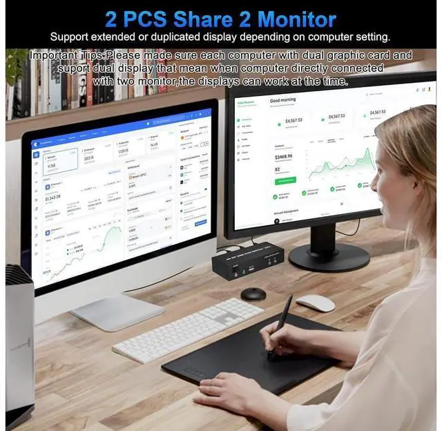 Alt view image 5 of 7 - Dual Monitor HDMI + DP KVM Switch 2x2, DisplayPort and HDMI 4K@60Hz Extended Display KVM Switch 2 Monitors 2 Computers with Audio Microphone Output and 3 USB Ports, PC Monitor Keyboard Mouse Switcher