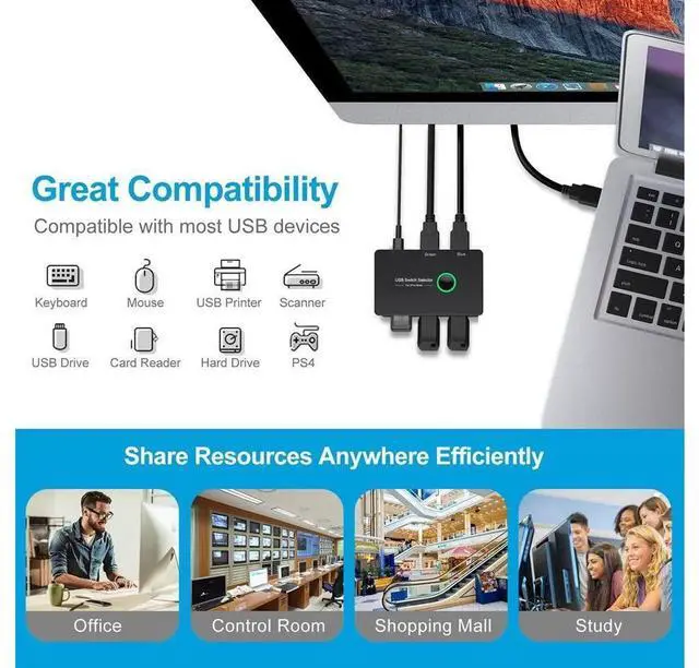 Alt view image 2 of 7 - 2 in 4 Out Switch Selector, USB 3.0 2.0 Switcher KVM Switch for Windows10 PC Keyboard Mouse Printer 2 PCs Sharing 4 Devices USB Switch (Black) eokCXOY