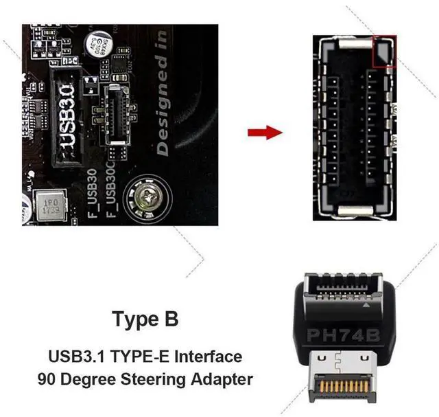 Alt view image 4 of 7 - Computer Motherboard Type-C USB3.1 Type-E 90 Degree Converter Computer Internal USB Header Adapter USB 3.1 Type-E 90 Degree Steering Elbow (2 PACK)