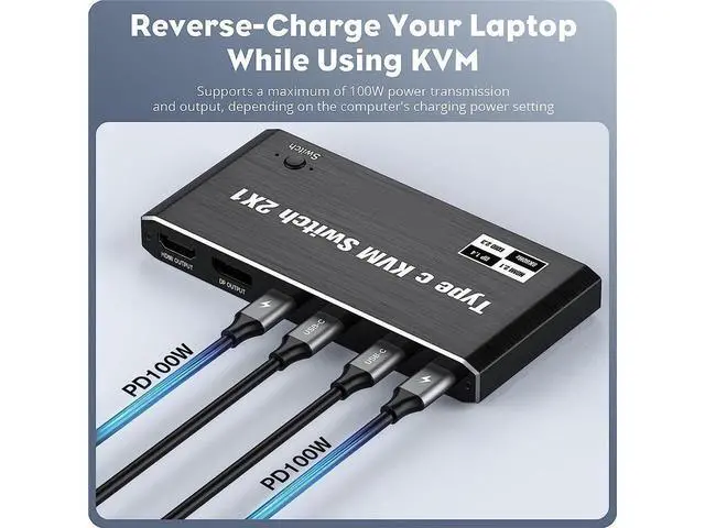 Alt view image 6 of 7 - 8K USB C KVM Switch HDMI 2 Port 8K@60Hz 4K@120Hz, HDMI 2.1 KVM Switch with and 100W Power Delivery for 2 Computers Share 1 Monitor(DP/HDMI Output) and 3 USB Devices,3.5mm Audio eokCXOY