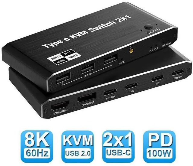 Main image of 8K USB C KVM Switch HDMI 2 Port 8K@60Hz 4K@120Hz, HDMI 2.1 KVM Switch with and 100W Power Delivery for 2 Computers Share 1 Monitor(DP/HDMI Output) and 3 USB Devices,3.5mm Audio eokCXOY