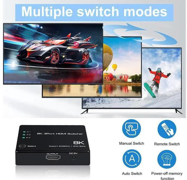 Alt view image 4 of 7 - 4K @120Hz 8K @60Hz HDMI 2.1 Switch 3x1, 8K 40Gbps HDMI Switch 3 in 1 Out, 8K UHD Signal Switcher, Supports HDR HDCP2.3 for Fire Stick, HDTV, PS4/5, Game Consoles with Remote Control eokCXOY