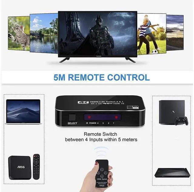 Alt view image 4 of 7 - 4K HDR HDMI Switch, 4 Ports 4K 60Hz HDMI 2.0 Switcher Selector with IR Remote, Supports Ultra HD Dolby Vision, High Speed (Max to 18.5Gbps), HDR10, HDCP 2.2 & 3D eokCXOY