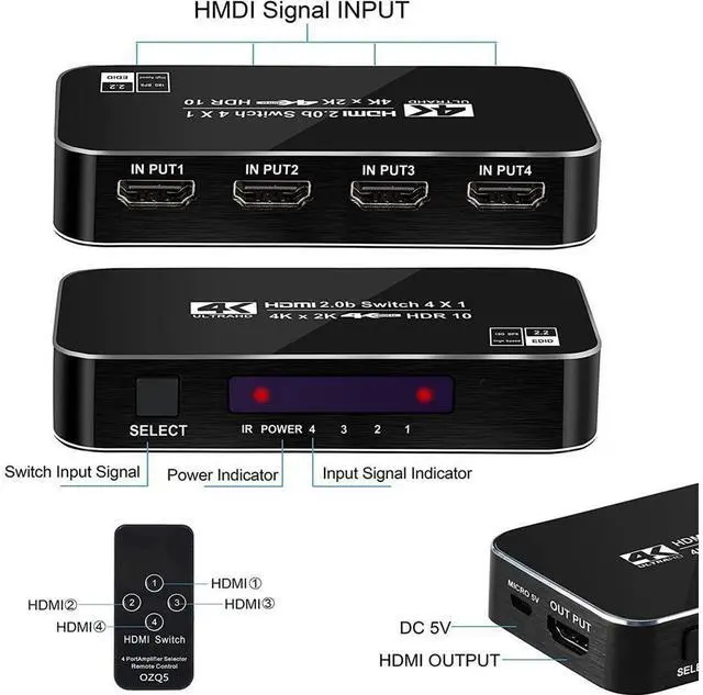 Alt view image 7 of 7 - 4K HDR HDMI Switch, 4 Ports 4K 60Hz HDMI 2.0 Switcher Selector with IR Remote, Supports Ultra HD Dolby Vision, High Speed (Max to 18.5Gbps), HDR10, HDCP 2.2 & 3D eokCXOY