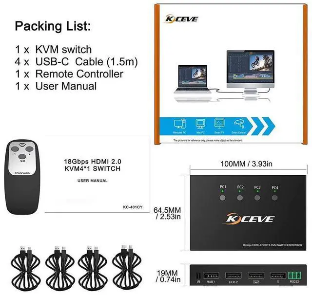 Alt view image 7 of 7 - 4 Port HDMI KVM Switch with Serial Port Control, 4K @60Hz 4 in 1 Out HDMI KVM Switcher Box for Share Mouse Keyboard and Monitor, Can Work with Pi-kvm, Compatible with Windows/Linux/Mac System eokCXOY