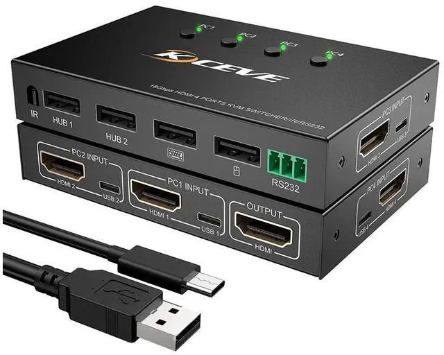 Main image of 4 Port HDMI KVM Switch with Serial Port Control, 4K @60Hz 4 in 1 Out HDMI KVM Switcher Box for Share Mouse Keyboard and Monitor, Can Work with Pi-kvm, Compatible with Windows/Linux/Mac System eokCXOY
