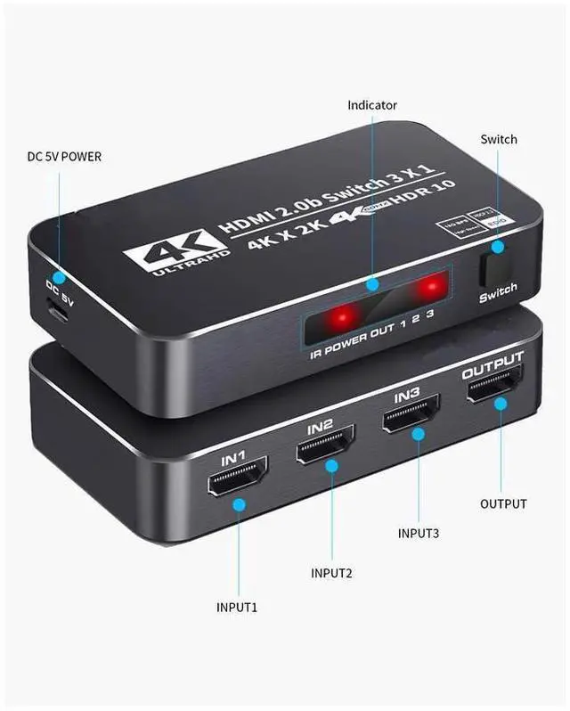 Alt view image 2 of 7 - 4K HDR HDMI Switch, 3 Ports 4K 60Hz HDMI 2.0 Switcher Selector with IR Remote, Supports Ultra HD Dolby Vision, High Speed (Max to 18.5Gbps), HDR10, HDCP 2.2 & 3D - OZQ2-2 eokCXOY