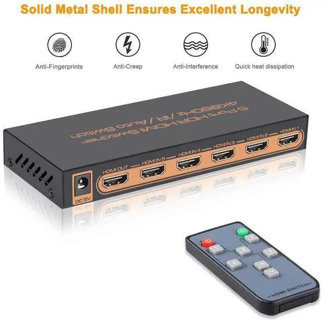 Alt view image 2 of 7 - 5 Port HDMI Switch, 4K @60Hz HDMI Switch with Remote Support HDR10, Dolby Vision, Dolby Atmos, HDCP2.2, YCbCr 4:4:4, CEC eokCXOY