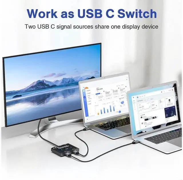 Alt view image 2 of 7 - USB C Switch, Bi-Directional USB C Switcher for 2 Laptops, USB Type C KVM Switch 8K@60Hz 4K@120Hz Video/10Gbps Data Transfer/100W Charging, 2 USB-C Cables and Remote Controller Included eokCXOY