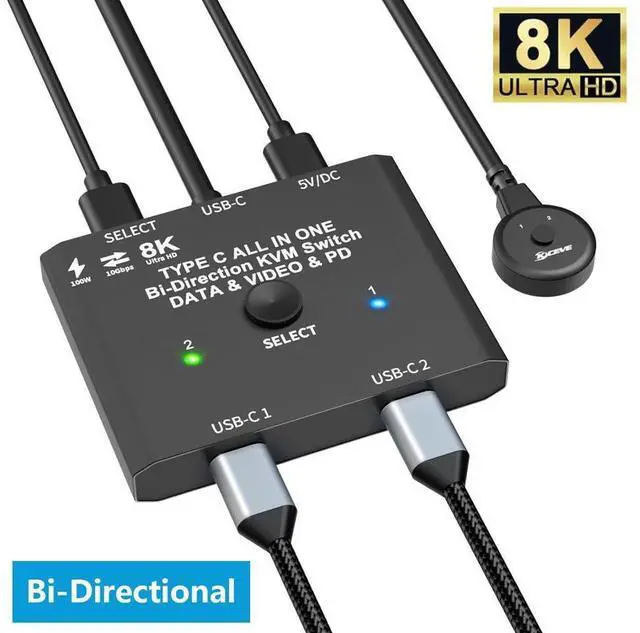 Main image of USB C Switch, Bi-Directional USB C Switcher for 2 Laptops, USB Type C KVM Switch 8K@60Hz 4K@120Hz Video/10Gbps Data Transfer/100W Charging, 2 USB-C Cables and Remote Controller Included eokCXOY