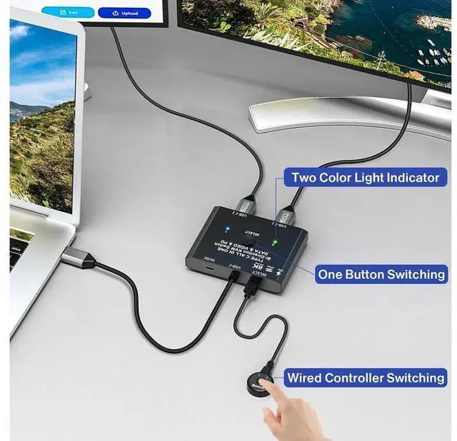 Alt view image 5 of 7 - USB C Switch, Bi-Directional USB C Switcher for 2 Laptops, USB Type C KVM Switch 8K@60Hz 4K@120Hz Video/10Gbps Data Transfer/100W Charging, 2 USB-C Cables and Remote Controller Included eokCXOY