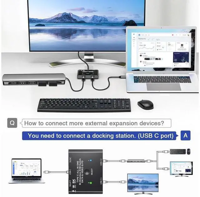 Alt view image 4 of 7 - USB C Switch, Bi-Directional USB C Switcher for 2 Laptops, USB Type C KVM Switch 8K@60Hz 4K@120Hz Video/10Gbps Data Transfer/100W Charging, 2 USB-C Cables and Remote Controller Included eokCXOY