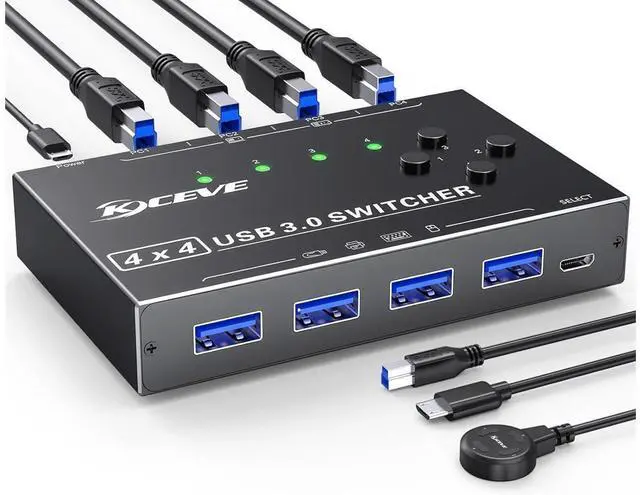 Main image of USB 3.0 Switch 4 Computers, 4 Port USB Switch Selector for 4 Computer Share 4 USB Devices, Keyboard Mouse Switch, 4 in 4 Out USB 3.0 Switcher with Wired Remote and 4 Standard USB-B Cables eokCXOY