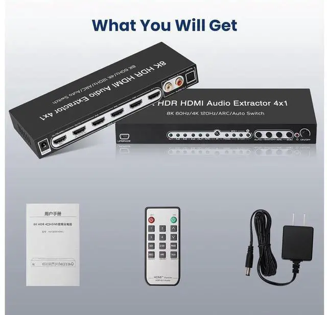 Alt view image 7 of 7 - 8K 60HZ HDMI Switch 4x1 with Audio Extractor and ARC, HDMI 2.1 Switch Audio Converter Support 7.1CH/ Optical 5.1CH/3.5mm Audio, 8K HDMI Switch with Remote Support CEC, UHD, HDCP2.2, 3D, 40Gbps eokCXOY