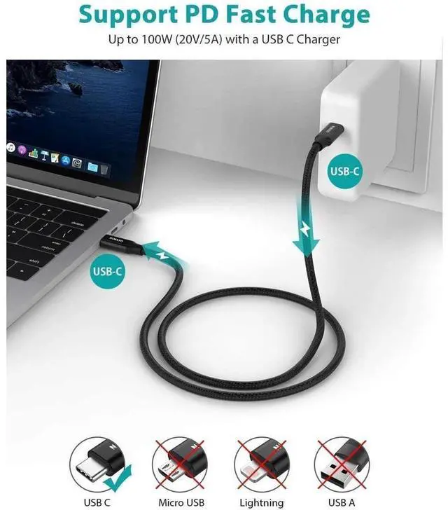 Alt view image 2 of 7 - USB C to USB C 3.1 Gen 2 Cable 10Gbps Data Transfer, 4K Video Output Monitor Cable 100W PD Fast Charging Compatible with Thunderbolt 3, MacBook Pro, iPad Pro, Galaxy S20, Google Pixel - 3.3FT / 1M