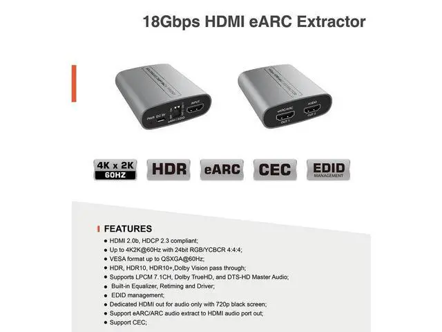 Alt view image 6 of 6 - HDMI eARC Audio Extractor ARC eARC Loop & Audio Extractor HDMI 2.0 4K2K@60Hz 18Gbps Video Bandwidth EDID Management Splitters for Amplifier Soundbar Speaker HDTV eokCXOY