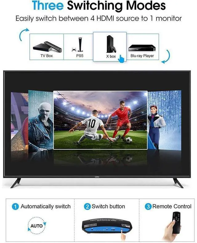 Alt view image 3 of 7 - 4K@60Hz HDMI Switch 4x1 with 7.1 Audio Extractor, 4 Port HDMI2.0b Switch Box with HDMI Atmos 7.1CH/ Optical 5.1CH/3.5mm Audio Out, HDMI Selector Switch with Remote eokCXOY