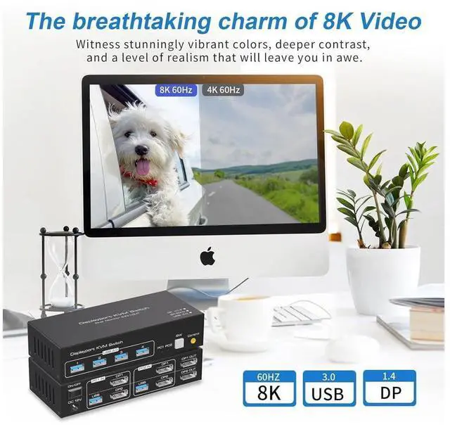 Alt view image 2 of 7 - 8K Displayport Dual Monitor KVM Switch for 2 Monitors 2 Computers 4K@120Hz USB 3.0 KVM Switcher 2 PC or Laptops Share 1 Set of Keyboard Mouse Printer and Scanner Support Extended & Duplicate Mode