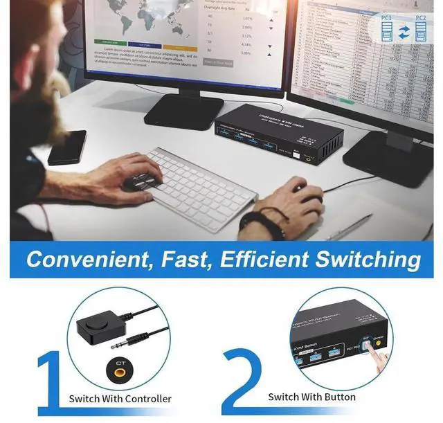 Alt view image 6 of 7 - 8K Displayport Dual Monitor KVM Switch for 2 Monitors 2 Computers 4K@120Hz USB 3.0 KVM Switcher 2 PC or Laptops Share 1 Set of Keyboard Mouse Printer and Scanner Support Extended & Duplicate Mode