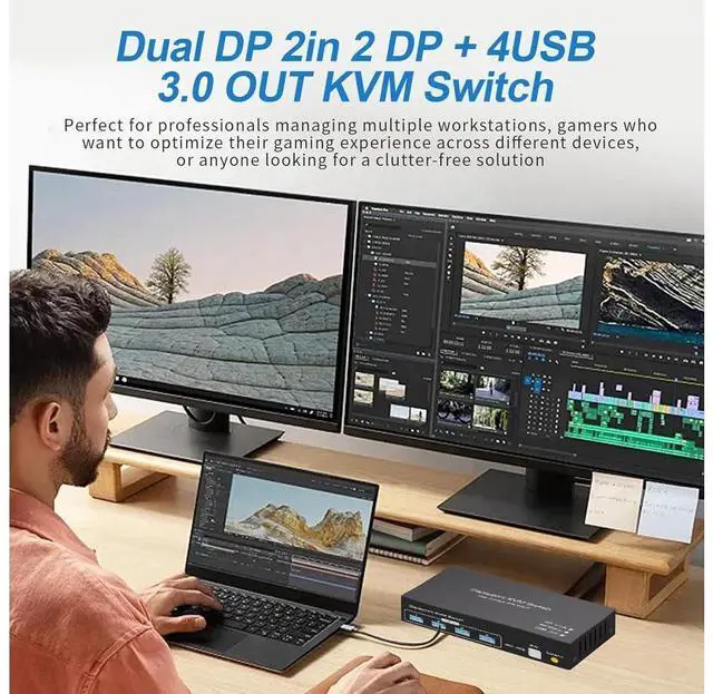 Alt view image 4 of 7 - 8K Displayport Dual Monitor KVM Switch for 2 Monitors 2 Computers 4K@120Hz USB 3.0 KVM Switcher 2 PC or Laptops Share 1 Set of Keyboard Mouse Printer and Scanner Support Extended & Duplicate Mode