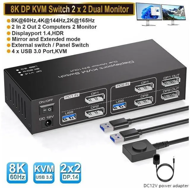 Main image of 8K Displayport Dual Monitor KVM Switch for 2 Monitors 2 Computers 4K@120Hz USB 3.0 KVM Switcher 2 PC or Laptops Share 1 Set of Keyboard Mouse Printer and Scanner Support Extended & Duplicate Mode
