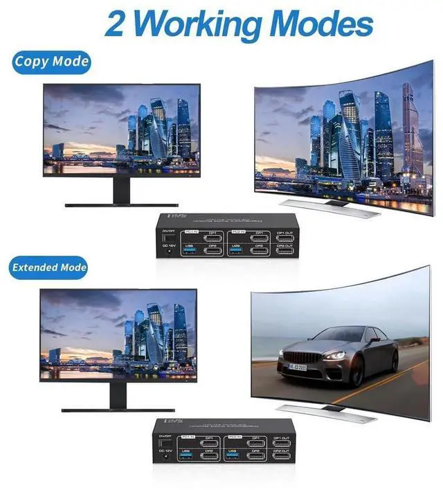 Alt view image 3 of 7 - 8K Displayport Dual Monitor KVM Switch for 2 Monitors 2 Computers 4K@120Hz USB 3.0 KVM Switcher 2 PC or Laptops Share 1 Set of Keyboard Mouse Printer and Scanner Support Extended & Duplicate Mode