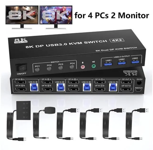 Main image of 4 Port 8K Displayport USB 3.0 KVM Switch 2 Monitors for 4 Computers 2 Monitors, DP1.4 Display Port KVM Switch with Audio Microphone Output and 3 USB 3.0 Port, 8K DP Monitor Switch for 4 PCs 2 Monitors
