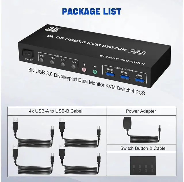 Alt view image 7 of 7 - 4 Port 8K Displayport USB 3.0 KVM Switch 2 Monitors for 4 Computers 2 Monitors, DP1.4 Display Port KVM Switch with Audio Microphone Output and 3 USB 3.0 Port, 8K DP Monitor Switch for 4 PCs 2 Monitors