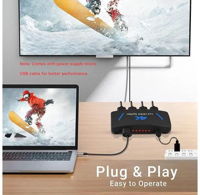 Alt view image 3 of 7 - 1x4 HDMI Splitter, 1 in 4 Out HDMI Splitter Audio Video Distributor Box Support Full HD 3D & 4K x 2K Compatible for Projector, HDTV, STB, DVD, PS3 Etc eokCXOY