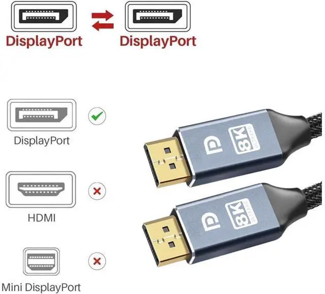 Alt view image 2 of 7 - DisplayPort 1.4 Cable Ultra HD 8K 4K Copper Cord DP 1.4 HBR3 8K@60Hz 4K@144Hz High Speed 32.4Gbps HDCP 3D Slim and Flexible DP to DP Cable for Laptop PC TV Gaming Monitor (6.6ft/2m) eokCXOY
