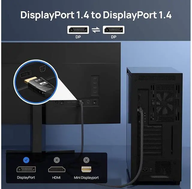 Alt view image 2 of 6 - DisplayPort Cable DP 1.4, 8K 6.6ft/2M DP to DP Cable, High Speed 32.4Gbps, Support 8k @60Hz 7680x4320, 4K @144Hz, 2K @165Hz, HDR, UltraHD (Black, 6.6Feet) eokCXOY