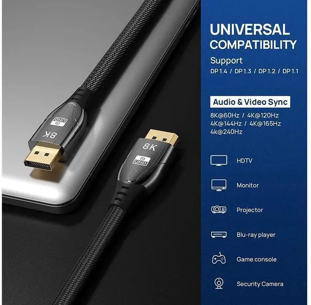 Alt view image 4 of 6 - DisplayPort Cable DP 1.4, 8K 6.6ft/2M DP to DP Cable, High Speed 32.4Gbps, Support 8k @60Hz 7680x4320, 4K @144Hz, 2K @165Hz, HDR, UltraHD (Black, 6.6Feet) eokCXOY
