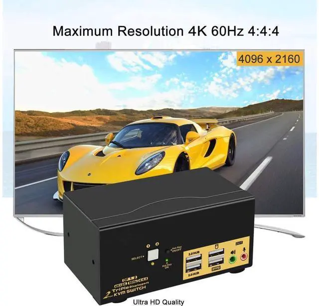 Alt view image 4 of 7 - 2 Port KVM Switch Triple Monitor DisplayPort 4K @60Hz, 2 Computers x 3 Monitors KVM Switch with Audio and USB 2.0 HUBS DP 1.2 KVM Switch eokCXOY