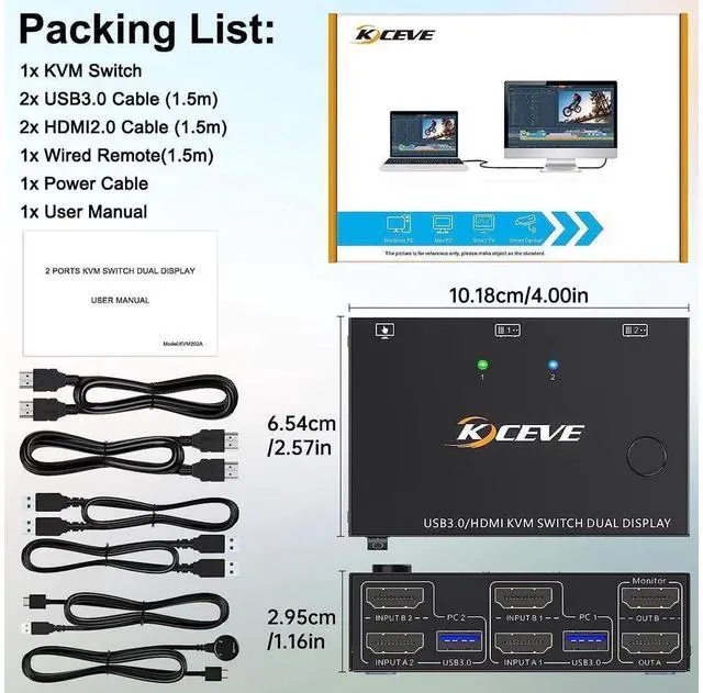 Alt view image 7 of 7 - Dual Monitor HDMI KVM Switch 2 in 2 Out 4K@60Hz 2K@144Hz, EDID Emulator, USB 3.0 HDMI KVM Switch for 2 Computers Share 2 Monitors and 4 USB 3.0 Ports,Wired Remote and Cables Included eokCXOY