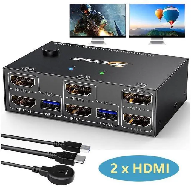 Main image of Dual Monitor HDMI KVM Switch 2 in 2 Out 4K@60Hz 2K@144Hz, EDID Emulator, USB 3.0 HDMI KVM Switch for 2 Computers Share 2 Monitors and 4 USB 3.0 Ports,Wired Remote and Cables Included eokCXOY