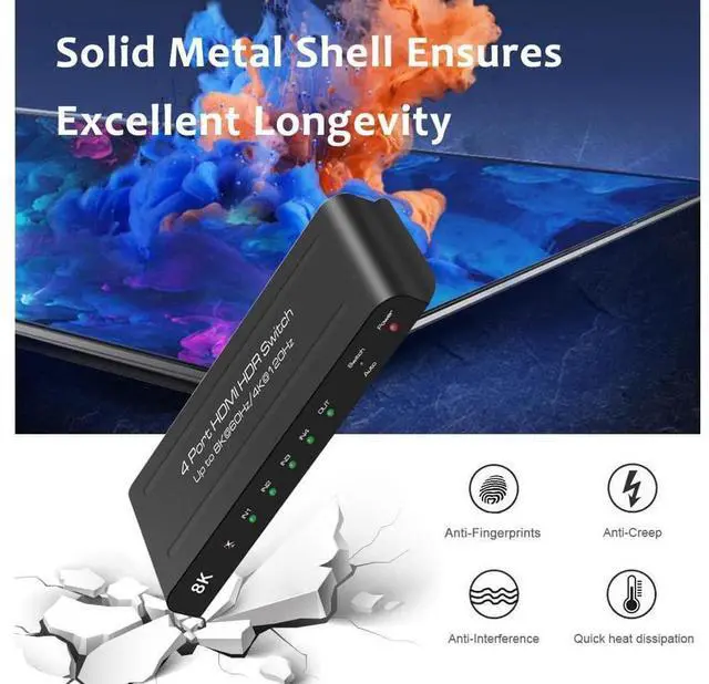 Alt view image 6 of 7 - [Upgraded] HDMI 2.1 Switch 8K @60Hz 4K @120Hz 4 in 1 Out HDMI Auto Switcher with Remote Support 48Gbps, HDR10+, HDCP2.3, D-o-l-b-y Vision/ Atmos and CEC (with US Power Adapter) eokCXOY