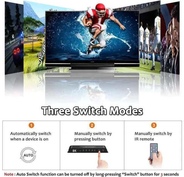 Alt view image 7 of 7 - [Upgraded] HDMI 2.1 Switch 8K @60Hz 4K @120Hz 4 in 1 Out HDMI Auto Switcher with Remote Support 48Gbps, HDR10+, HDCP2.3, D-o-l-b-y Vision/ Atmos and CEC (with US Power Adapter) eokCXOY