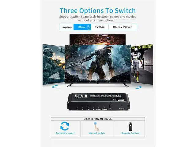 Alt view image 5 of 7 - 4k HDR HDMI Switch, 4-Port HDMI 2.0 Switch Selector with IR Remote Control, Supports HDCP 2.2 4K@60Hz UltraHD HDR10 3D HD1080P Dolby DST, HDMI Splitter for PS4 Xbox Apple TV Fire Stick eokCXOY