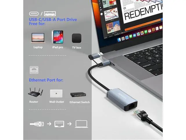 Alt view image 3 of 7 - USB C to Ethernet Adapter, USB 3.0 Network Adapter, USB to 1000Mbps Gigabit RJ45 LAN Ethernet Adapter, Aluminum Gigabit LAN Wire Adapter Compatible with Mac-Book, Steam Deck, i-Pad, TV Box, etc.