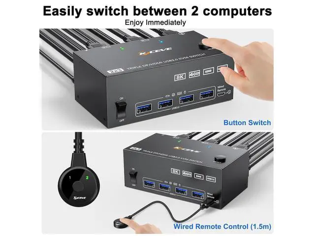 Alt view image 6 of 7 - Triple Monitor HDMI DP KVM Switch for 3 Monitors 2 Computers, 8K@30Hz, HDMI + 2 Displayport KVM Switch for 2 Computer Share 3 Monitor and Keyboard Mouse, Wired Remote and 5 Cables Included eokCXOY