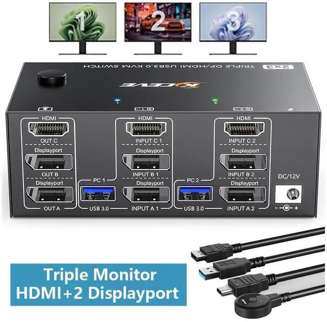 Main image of Triple Monitor HDMI DP KVM Switch for 3 Monitors 2 Computers, 8K@30Hz, HDMI + 2 Displayport KVM Switch for 2 Computer Share 3 Monitor and Keyboard Mouse, Wired Remote and 5 Cables Included eokCXOY