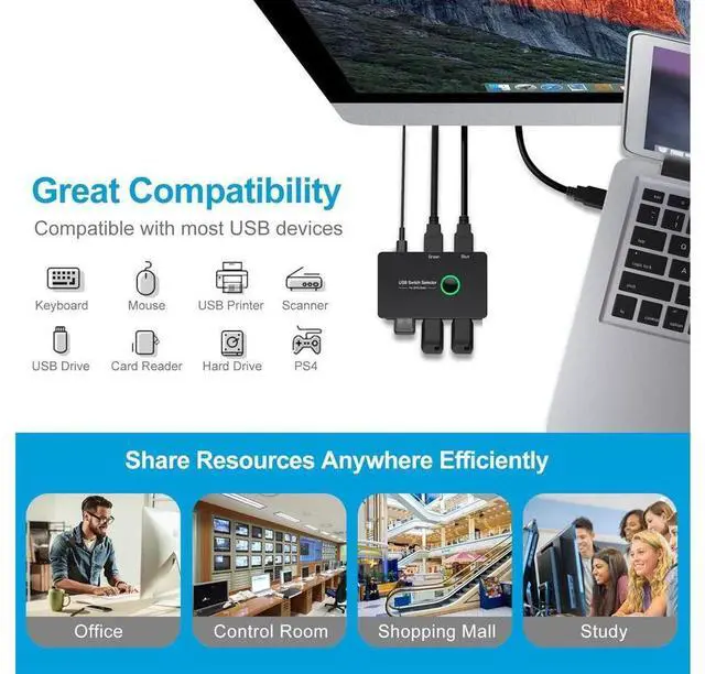 Alt view image 5 of 7 - USB 3.0 Switch 2 in 4 Out, USB Switcher 2 Computers Share 4 USB for PC Mouse Keyboard Printer Scanner, USB KVM Switch Selector Compatible with Windows, Mac, Linux eokCXOY
