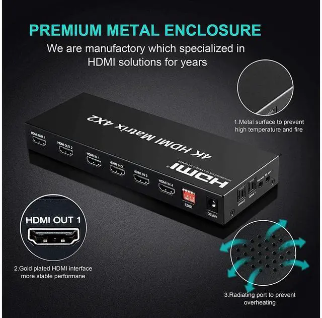 Alt view image 3 of 7 - 4x2 HDMI Matrix Switch,4 in 2 Out Matrix HDMI Video Switcher Splitter +Optical & L/R Audio Output, Support Ultra HD 4K x 2K,3D 1080P, Audio EDID Extractor with IR Remote Control & Power Adapter